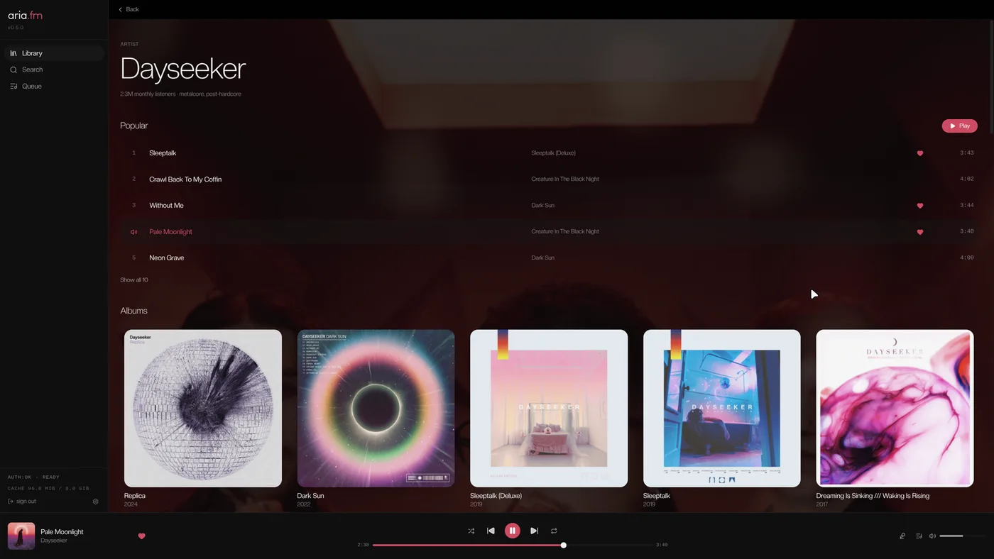aria.fm showing a Dayseeker artist page — popular tracks, album grid, and the now-playing bar