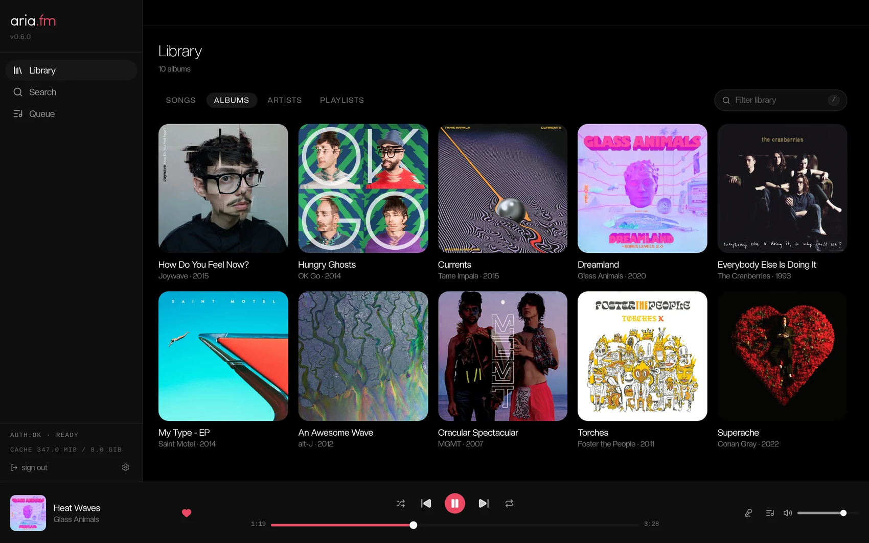 aria.fm's albums view, a grid of album covers from your saved library