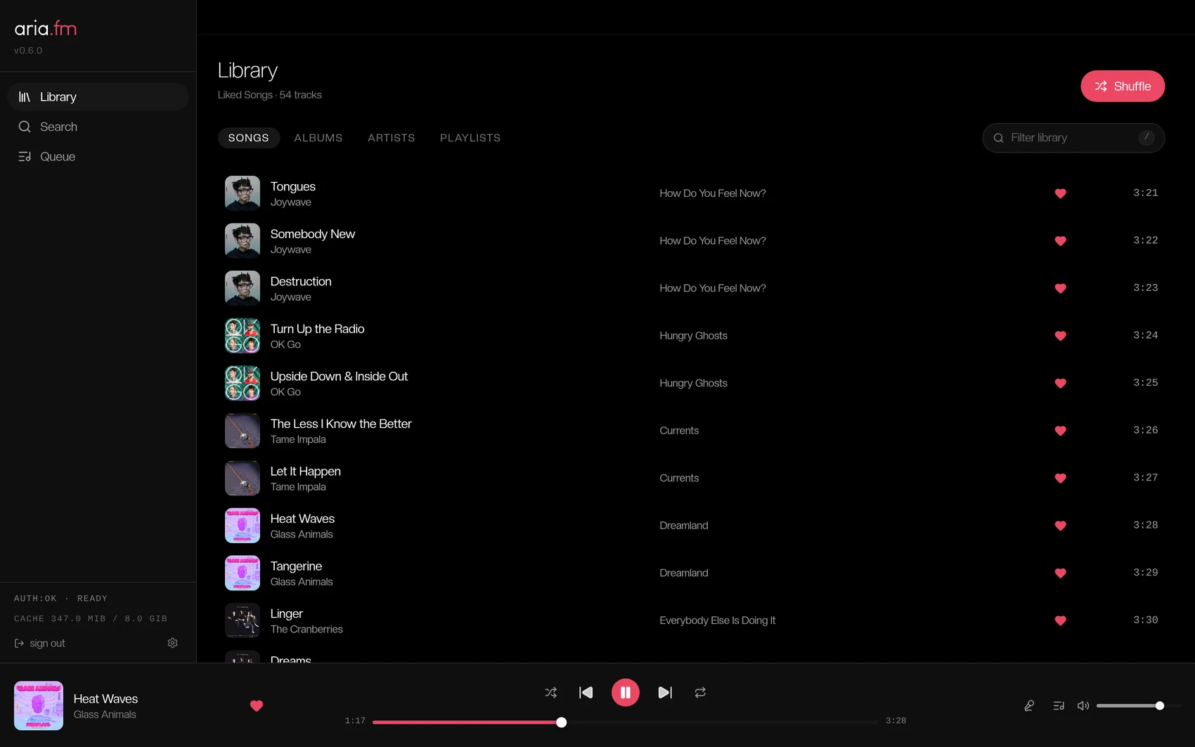 aria.fm's Library, a list of saved songs with the now-playing bar