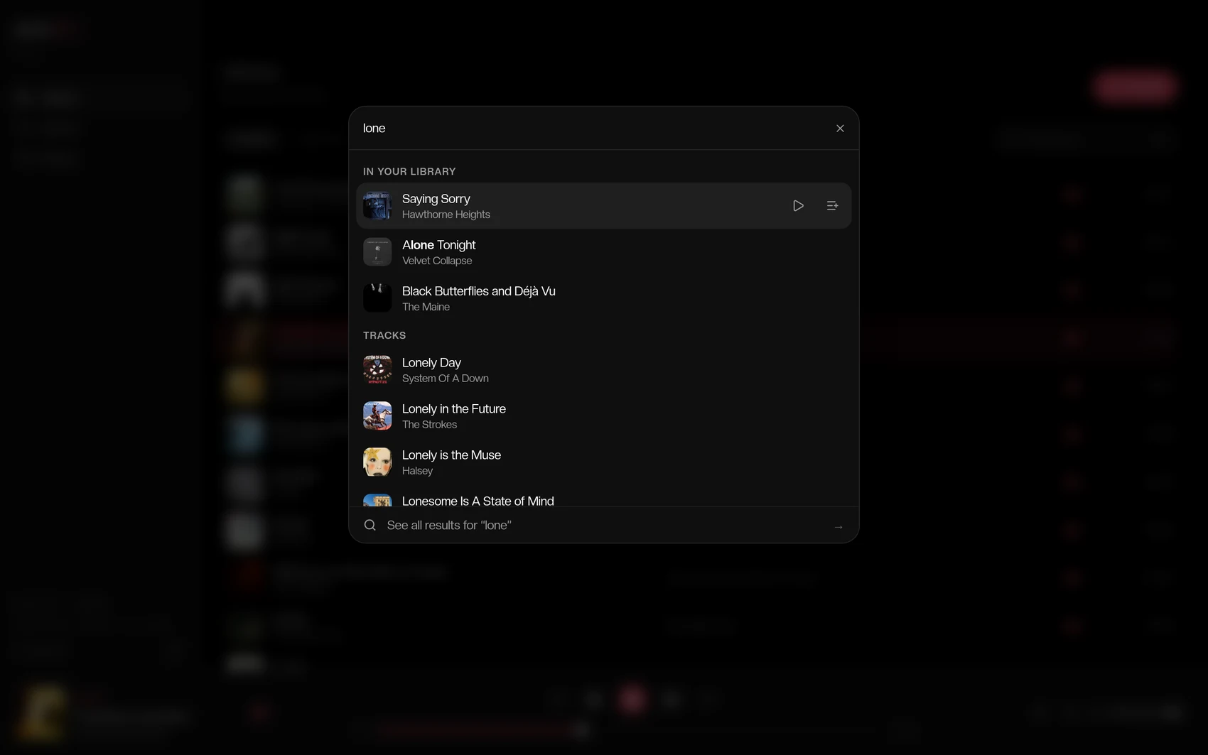 aria.fm's command palette open, showing saved songs from your library above catalog results
